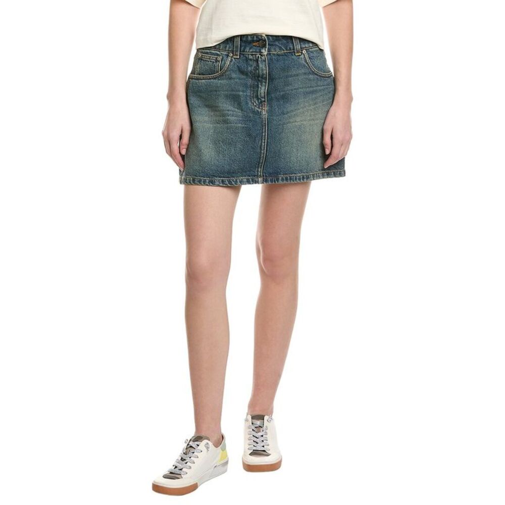 Palm Angels Womens Leather-Trim Denim Skirt, Blue